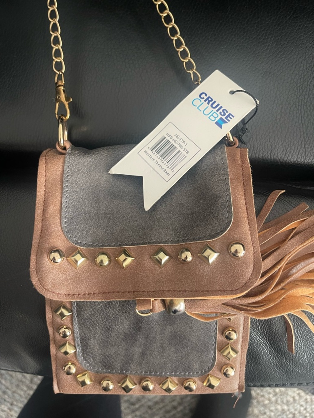 Brown & Gray Studded Fringe Crossbody Bag